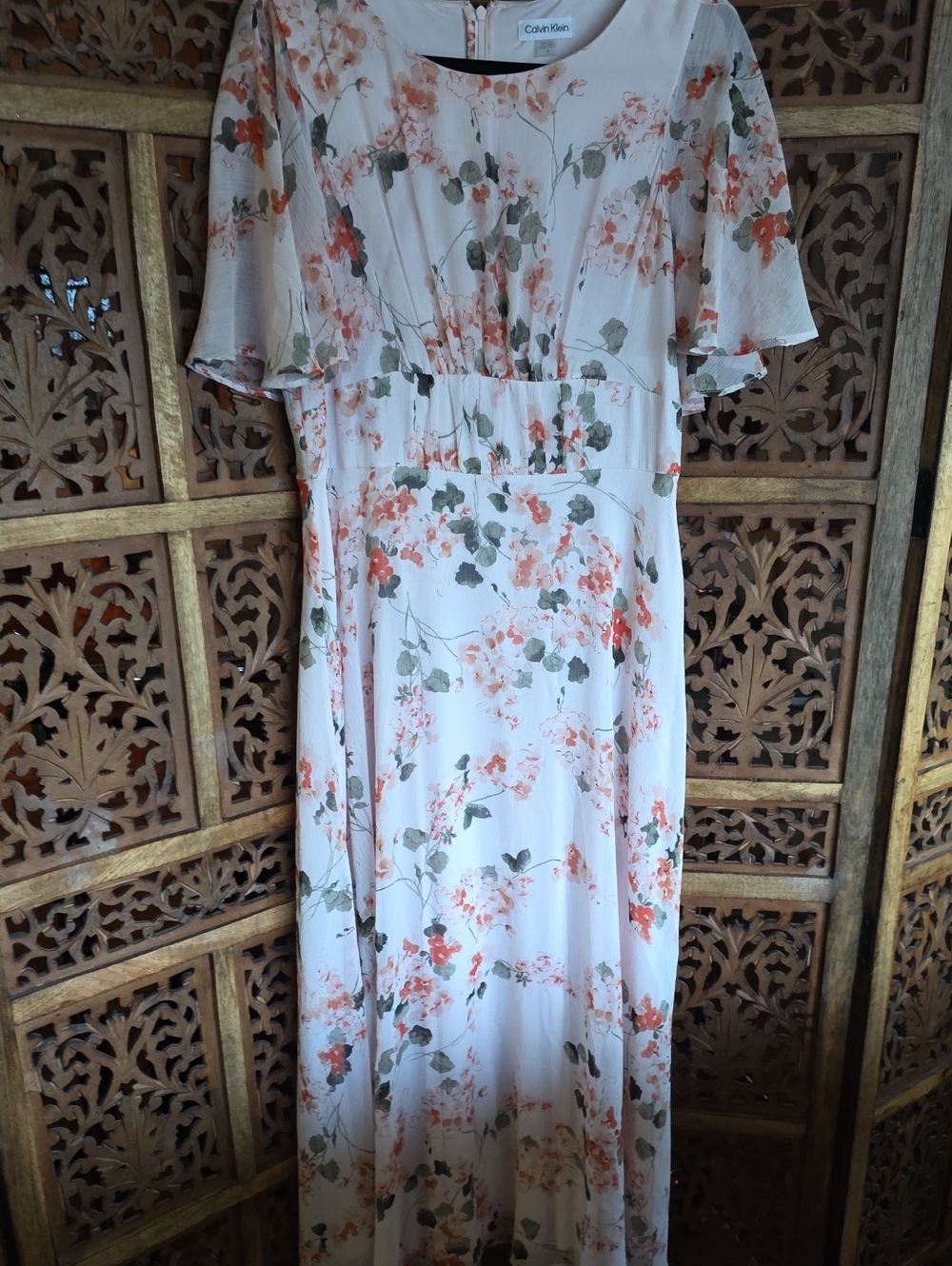 Calvin Klein White Floral Maxi Dress with Peach and Green Print
